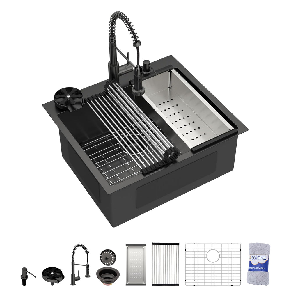 25" × 22" Matte Black Drop-In Stainless Steel Kitchen Sink with Faucet & Cup Washer – DC-NSD26203004