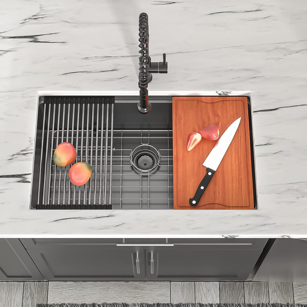 Dcolora 30''x19''x10'' Gunmetal Black Undermount Kitchen Sink Workstation, 16 Gauge Stainless Steel Single Bowl Basin