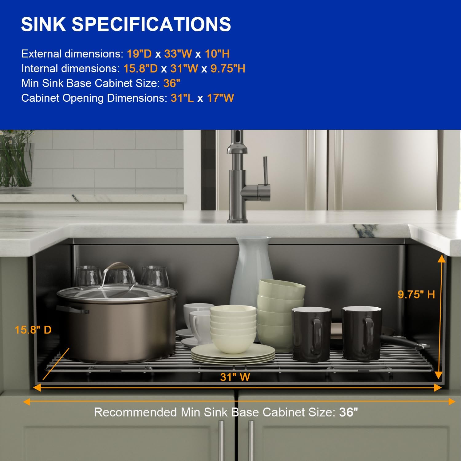 Dcolora 33" Black Undermount Kitchen Sink Workstation NANO-PVD Kitchen Sinks with Ledge Round Corner 16 Gauge Stainless Steel Single Bowl Basin, Gunmetal Black 33"x19’x10", DC-U7706