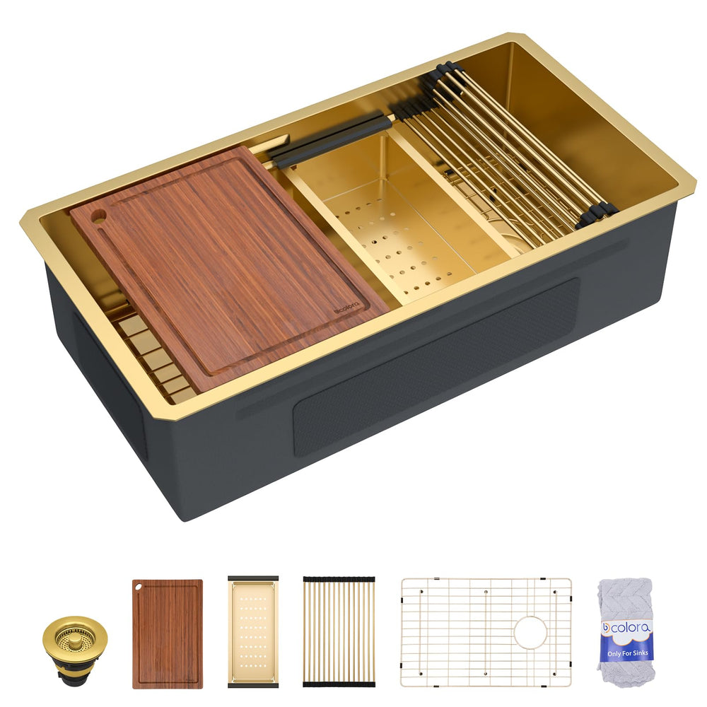 36" × 19" Gold Undermount Workstation Stainless Steel Kitchen Sink – DC-UWM262709