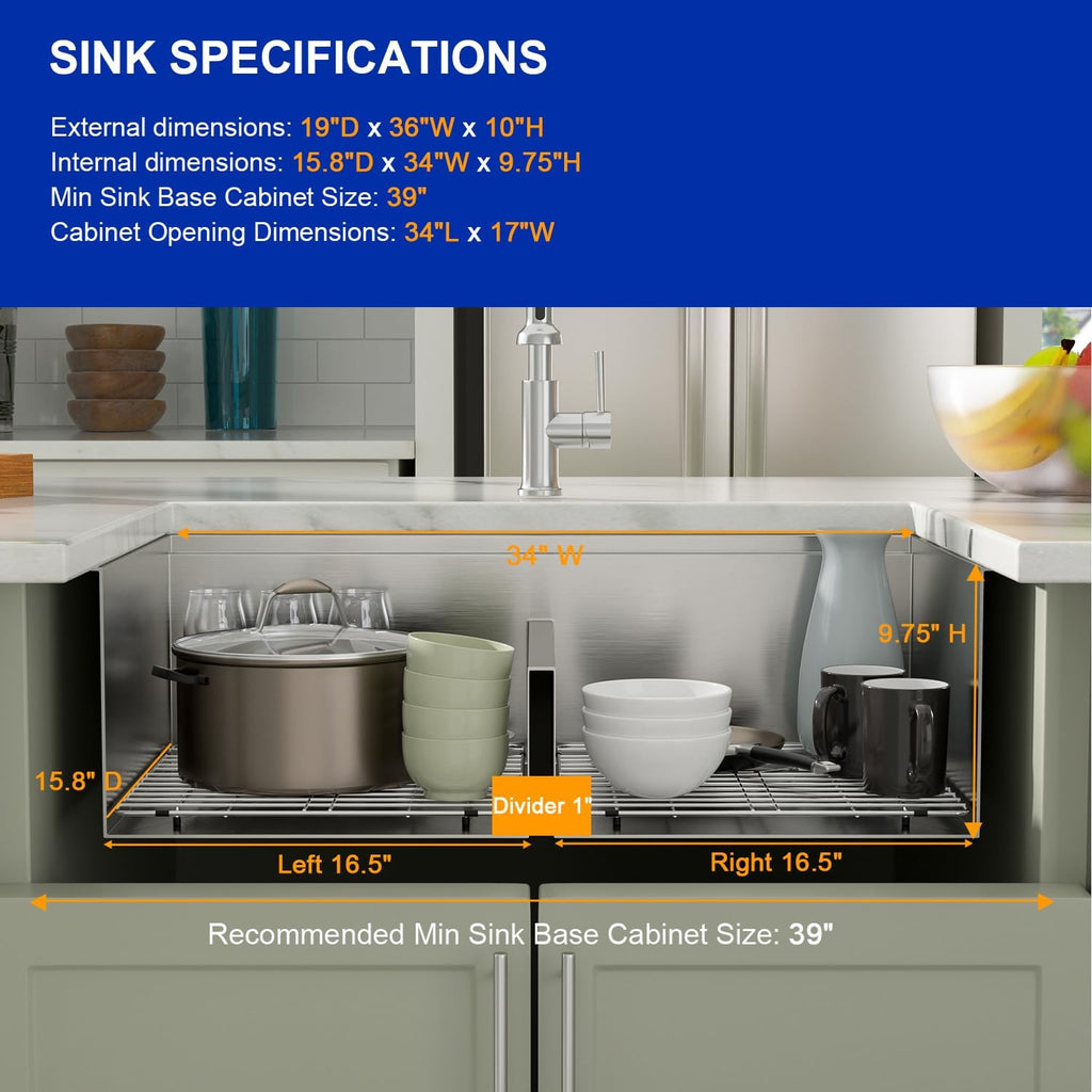 Dcolora 36''x19''x10'' Undermount Large Double Bowl Kitchen Sink, 16 Gauge Stainless Steel 50/50 Low Divide Split with Workstation