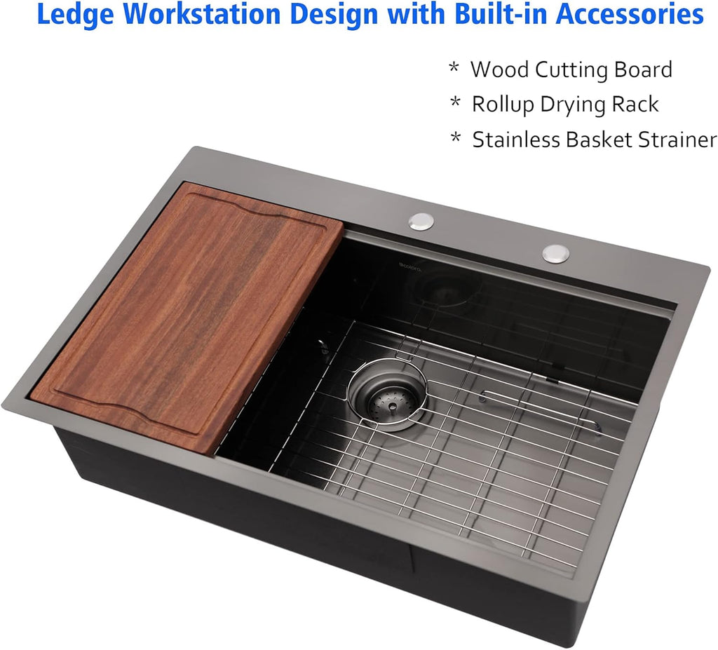 Dcolora 33'' Gunmetal Black Drop-In Kitchen Sink, 16 Gauge 304 Stainless Steel Single Bowl Topmount Workstation Extra Large Basin