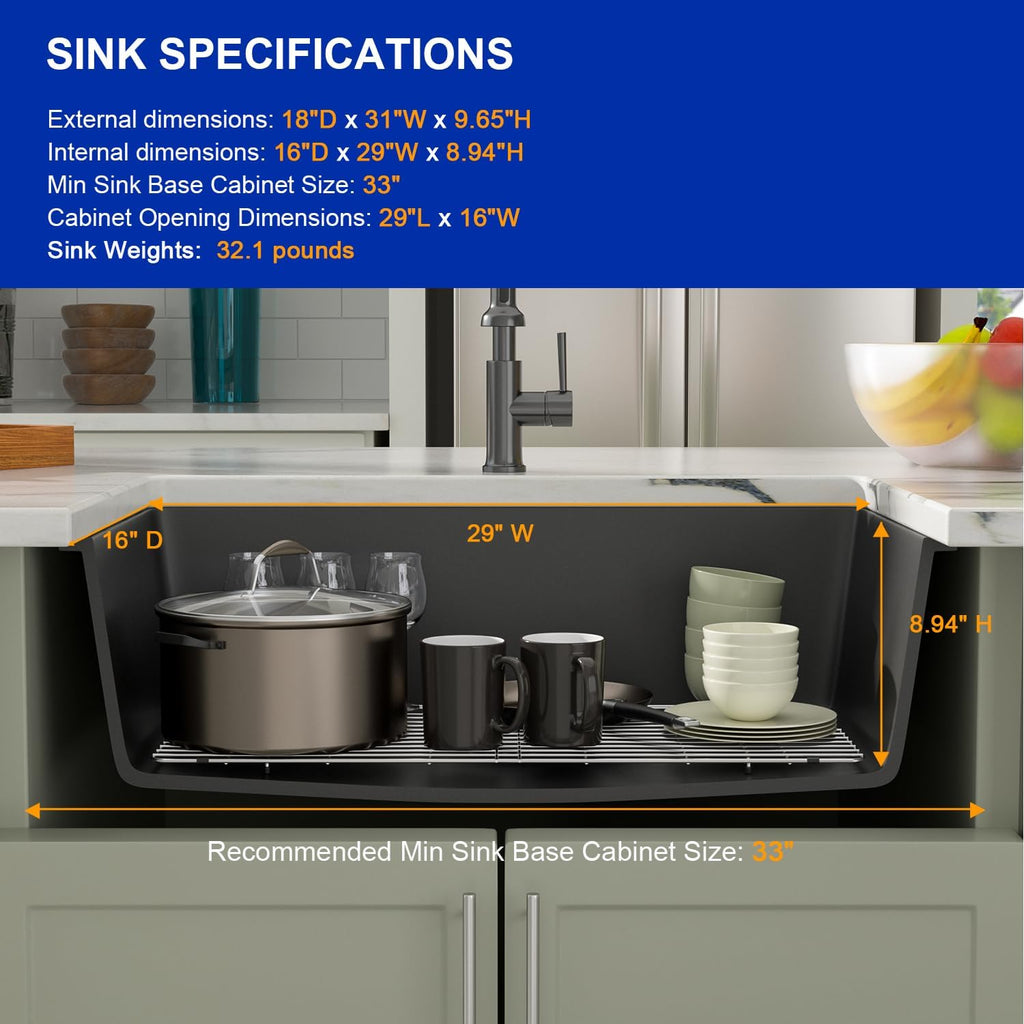 Dcolora 31''x18'' Black Quartz Composite Undermount Kitchen Sink, Deep Single Bowl Basin, Round Corner