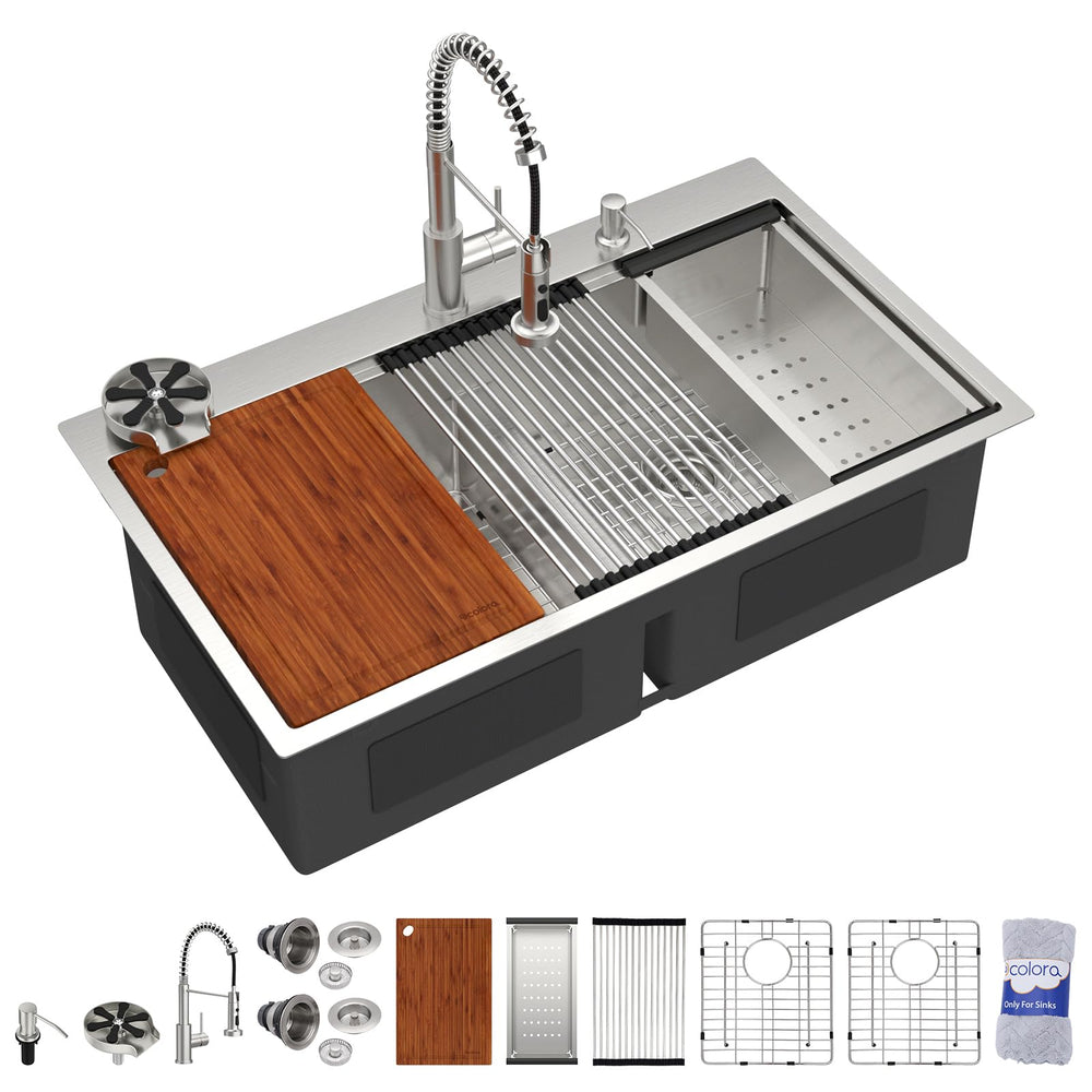 33" × 21" Drop-In Workstation Stainless Steel Kitchen Sink with Faucet & Cup Washer – DC-SFDOE00133
