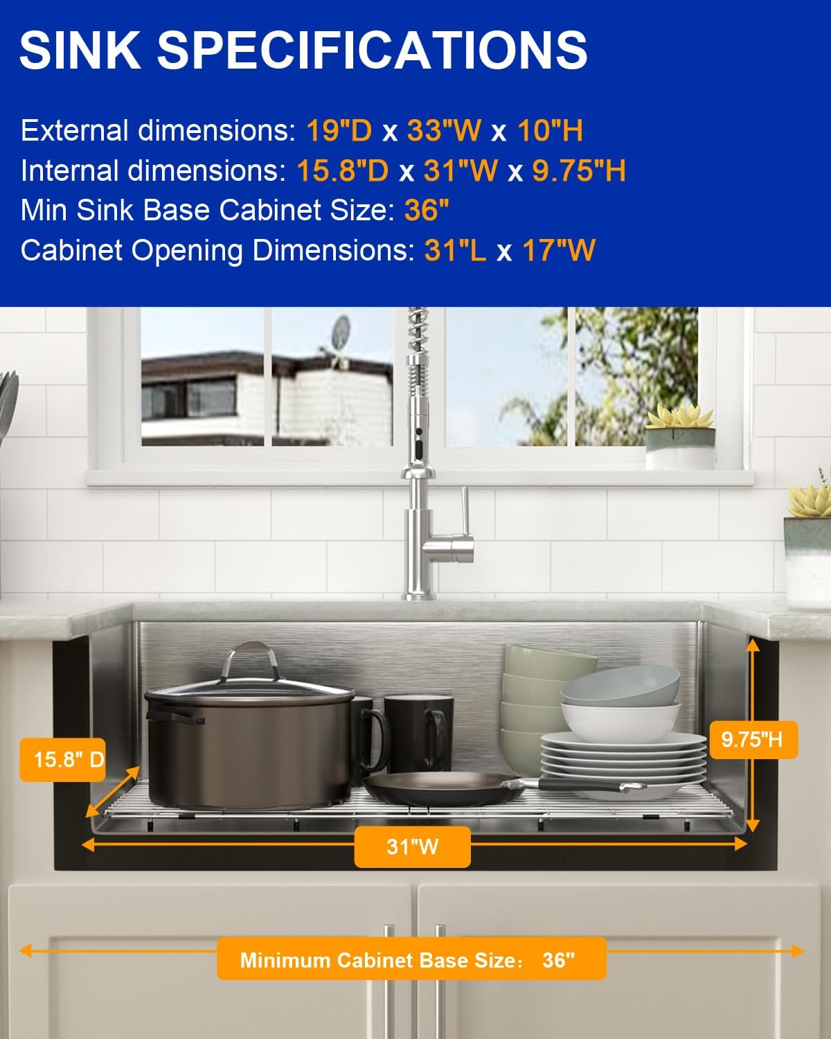 Dcolora 33 Inch Undermount Kitchen Sink Workstation 16 Gauge Stainless Steel Large Single Bowl Under Counter Kitchen Sinks Basin, Round Corner 33"x19"x10" DC-U7701