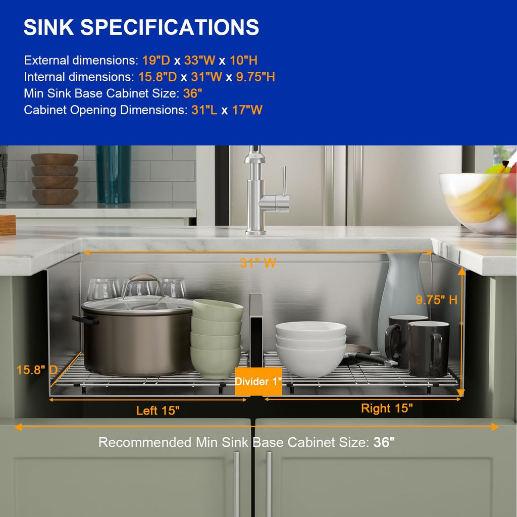 Dcolora 33''x19''x10'' Undermount Double Bowl Kitchen Sink Workstation, 16 Gauge Stainless Steel 50/50 Low Divide Split Basin