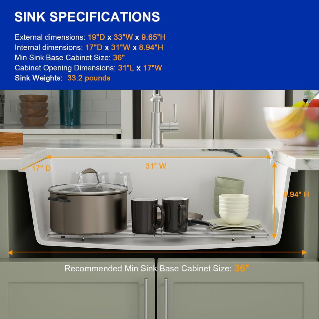 Dcolora 33''x19'' White Quartz Composite Undermount Kitchen Sink, Deep Single Bowl Basin, Round Corner