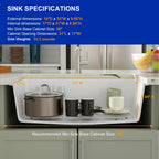 Dcolora 33''x19'' White Quartz Composite Undermount Kitchen Sink, Deep Single Bowl Basin, Round Corner