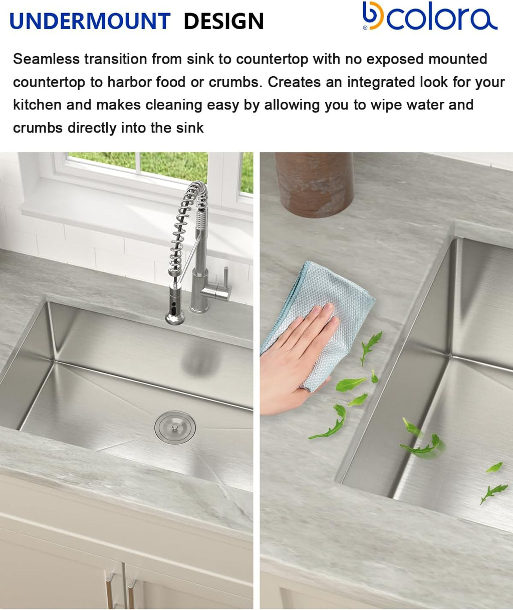 Dcolora 33''x19''x10'' Undermount Kitchen Sink, Handmade Welded 16 Gauge Stainless Steel Deep Large Single Bowl Under Counter Basin, Rounded Corner