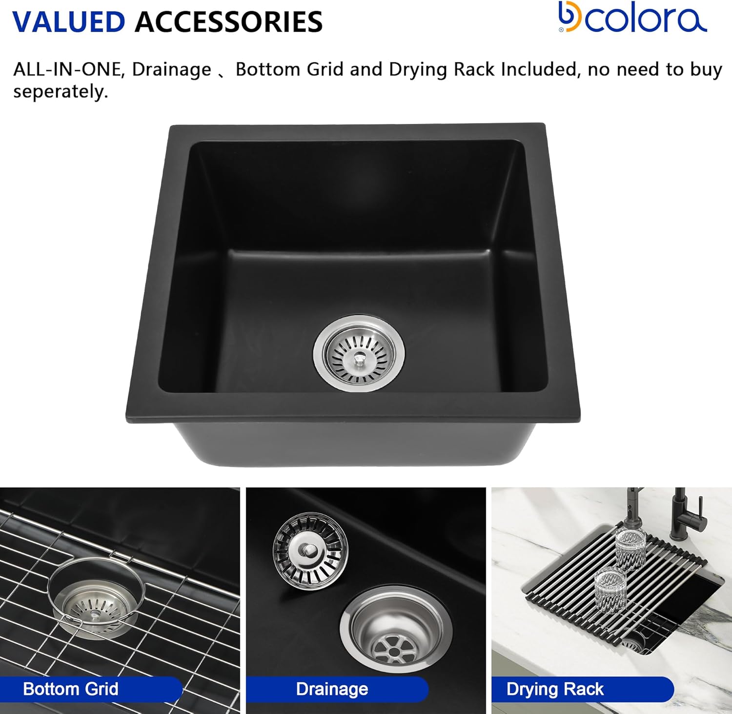 Dcolora 18''x16'' Black Quartz Composite Wet Bar Sink, Undermount Single Bowl Small Prep Kitchen Basin for RV