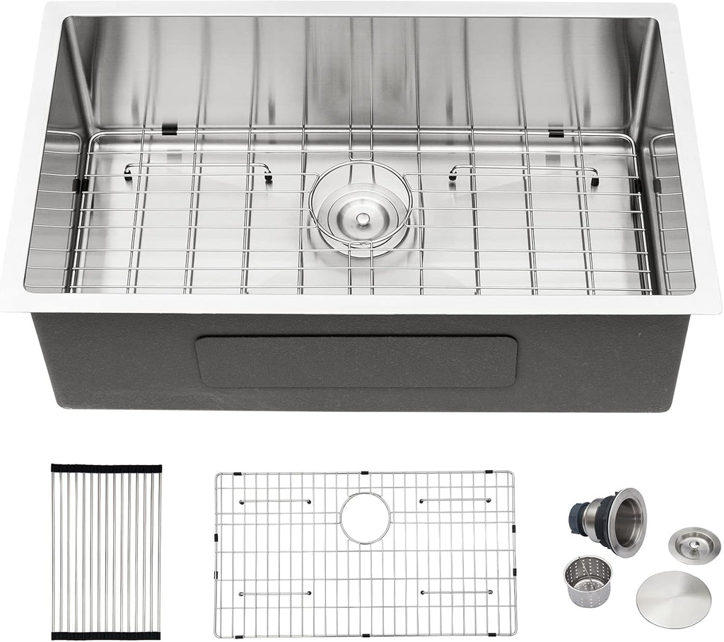 Dcolora 33''x19''x10'' Undermount Kitchen Sink, Handmade Welded 16 Gauge Stainless Steel Deep Large Single Bowl Under Counter Basin, Rounded Corner