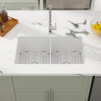 Dcolora 32''x19''x10'' White Undermount Kitchen Sink, 50/50 Split Double Bowl Fireclay Porcelain Dual Mount Ceramic Basin