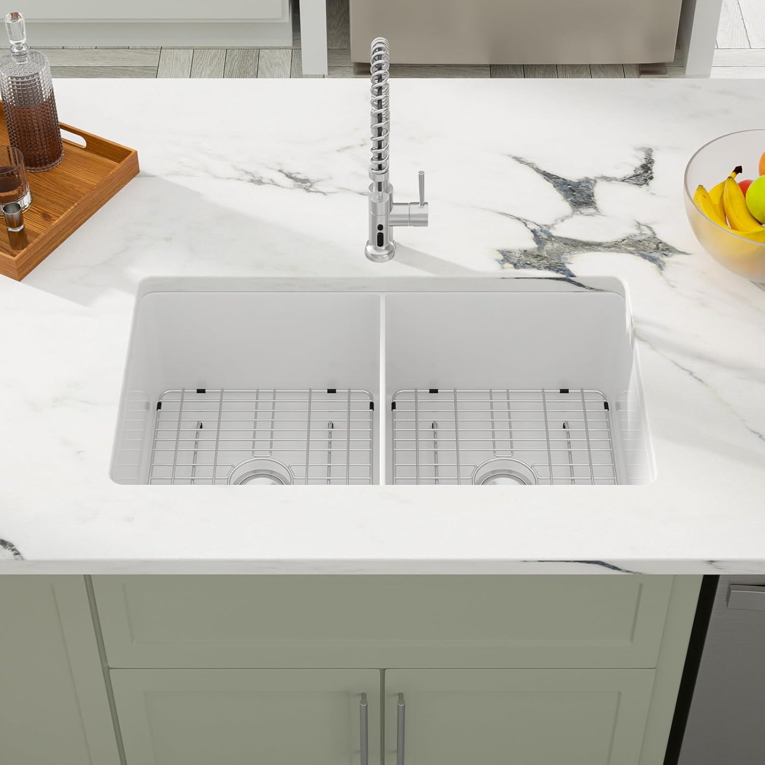 Dcolora 32 Inch White Fireclay Undermount Kitchen Sink Porcelain Double Bowl 50/50 Split Sinks Dual Mount Ceramic Sink Under Counter, 32''x19¡°x10'', DC-U7837
