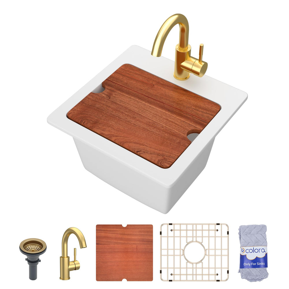 15" × 15" White Drop-In Workstation Granite Composite Bar Sink with Faucet