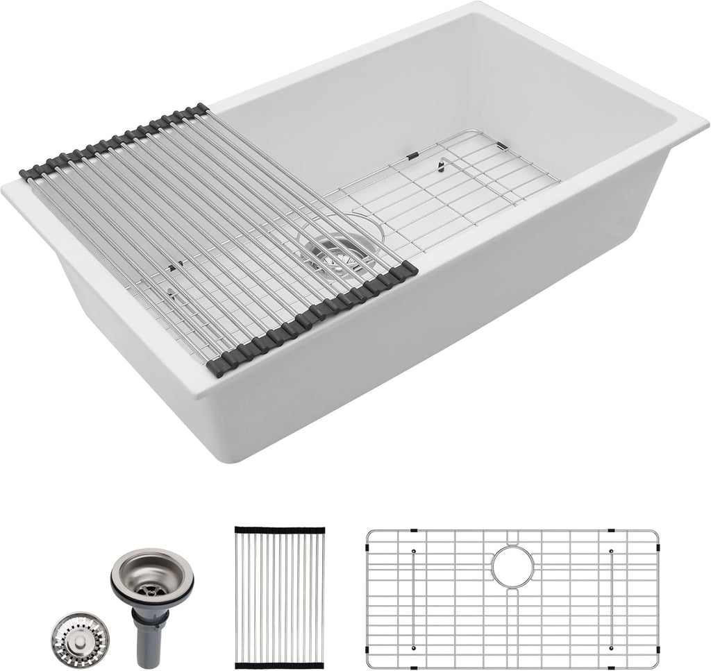 Dcolora 33''x19'' White Quartz Composite Undermount Kitchen Sink, Deep Single Bowl Basin, Round Corner