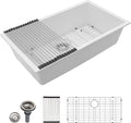 Dcolora 33''x19'' White Quartz Composite Undermount Kitchen Sink, Deep Single Bowl Basin, Round Corner