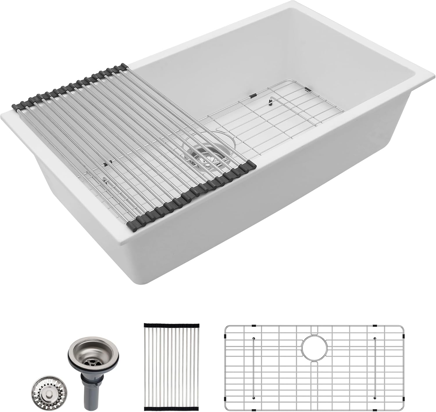 Dcolora 33" Quartz Composite White Kitchen Sink Undermount Sink Deep Single Bowl, Round Corner, 33"x19", DC-GU7750