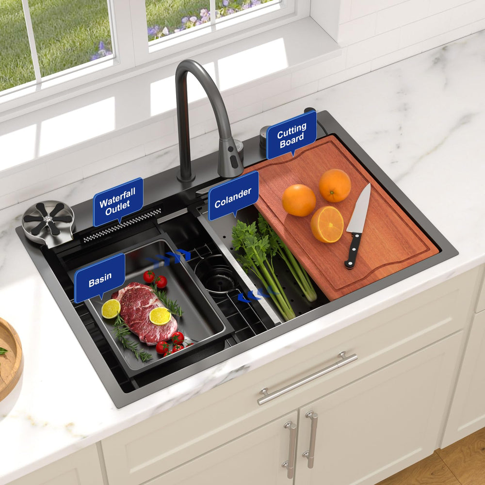 33" × 22" Gunmetal Black Drop-In Workstation Kitchen Sink – DC-SFDOE00026