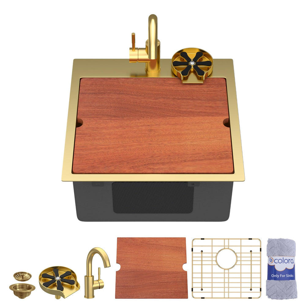 18" × 18" Gold Drop-In Workstation Stainless Steel Bar / Prep Sink with Faucet & Cup Washer – DC-SFDOE00179