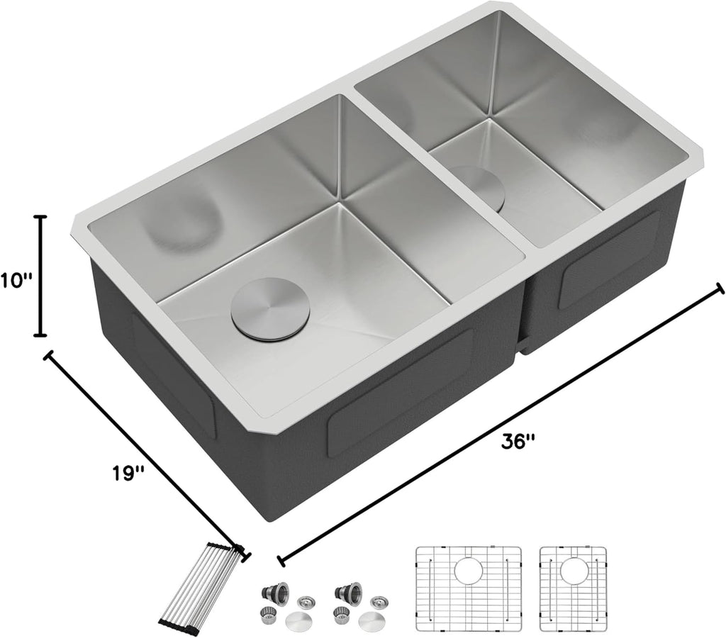 Dcolora 36''x19''x10'' Undermount Extra Large Double Bowl Kitchen Sink, 16 Gauge 304 Stainless Steel 60/40 Split Basin, Round Corner