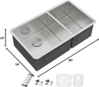 Dcolora 36''x19''x10'' Undermount Extra Large Double Bowl Kitchen Sink, 16 Gauge 304 Stainless Steel 60/40 Split Basin, Round Corner