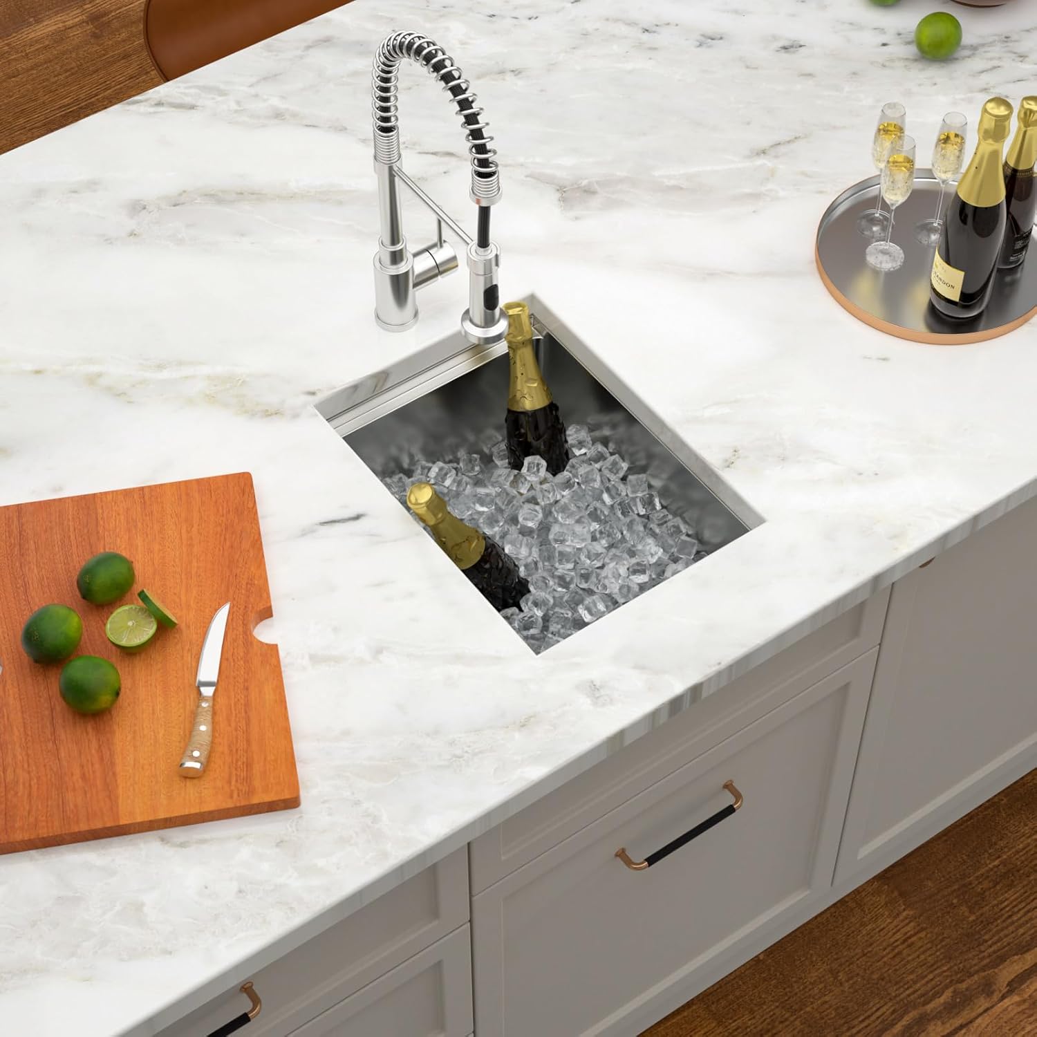 14 Undermount Bar Sink Workstation - Dcolora 14 Inch Stainless Steel Bar Prep Sink with Ledge Round Corner X Grooves Wood Cutting Board 16 Gauge Single Bowl RV Camper Kitchen Sink Basin