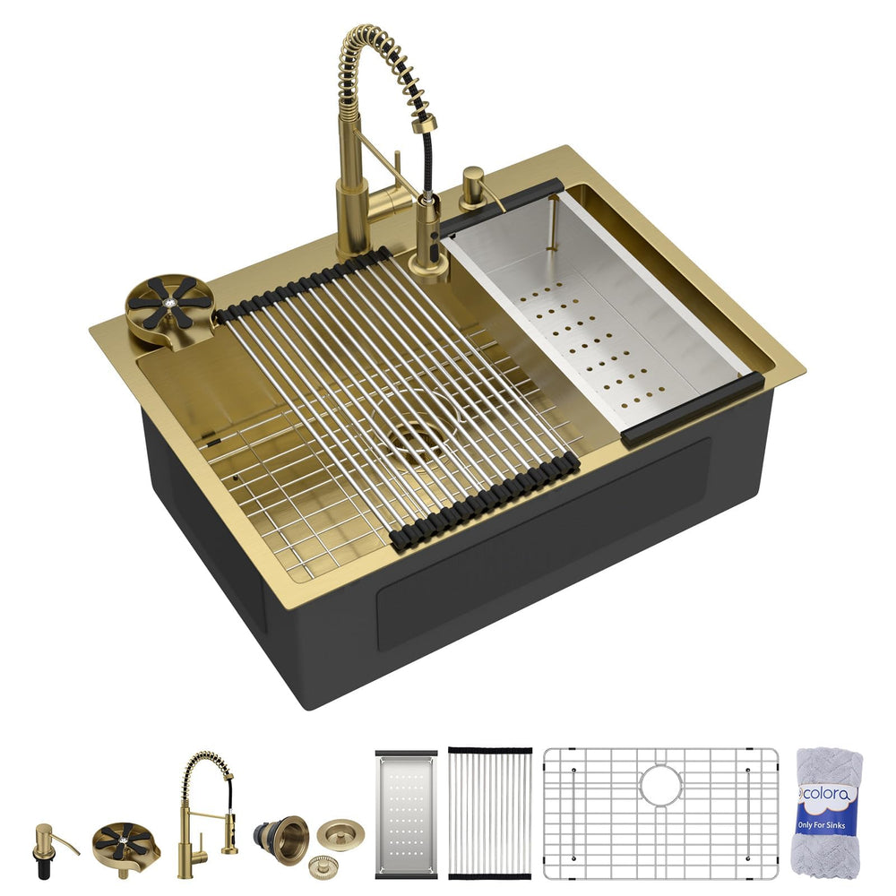 30" × 22" Gold Drop-In Stainless Steel Kitchen Sink with Faucet & Cup Washer – DC-NSD26203011
