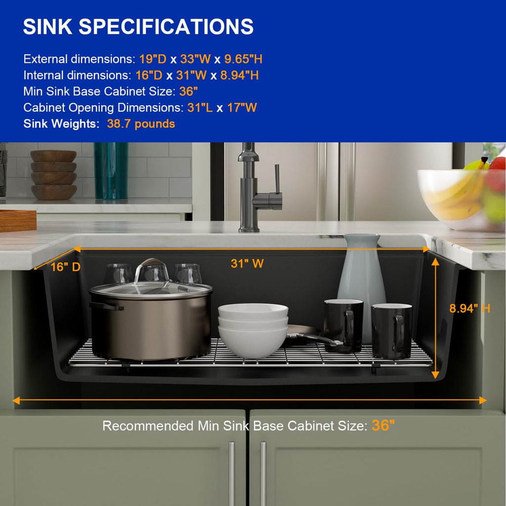 Dcolora 33 inches Granite Composite Kitchen Sink Workstation Black Undermount Single Bowl Large Kitchen Sink 33''W x 19''D x 10''H, DC-GU7743