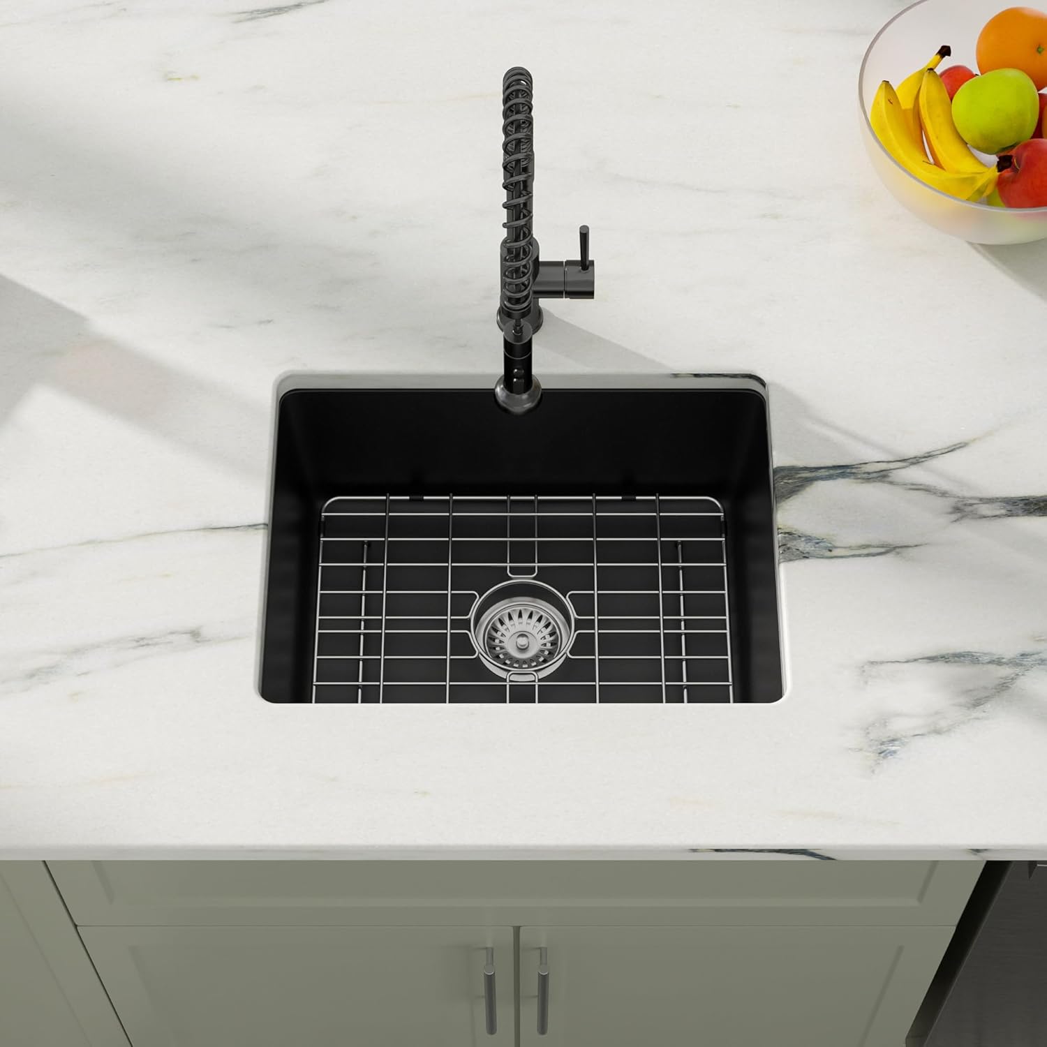 Dcolora 22 Inch Quartz Composite Bar Sink Black Undermount Small Kitchen Sink Prep RV Single Bowl Under Counter, Round Corner, 22"x17", DC-GU7747