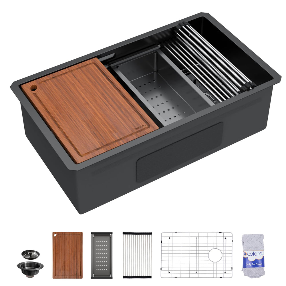 33" × 19" Matte Black Undermount Workstation Stainless Steel Kitchen Sink – DC-UWM262705
