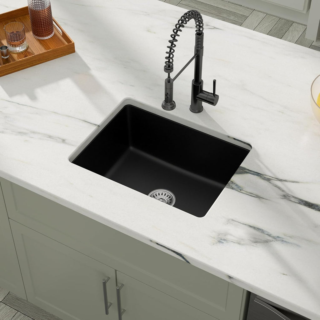 Dcolora 22''x17'' Black Quartz Composite Bar Sink, Undermount Single Bowl Small Kitchen Prep Basin for RV, Round Corner