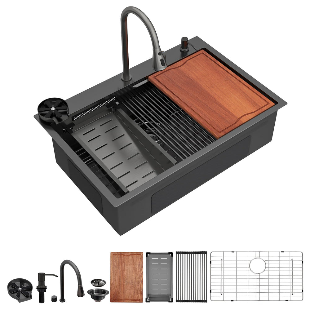 33" × 22" Gunmetal Black Drop-In Workstation Kitchen Sink – DC-SFDOE00022