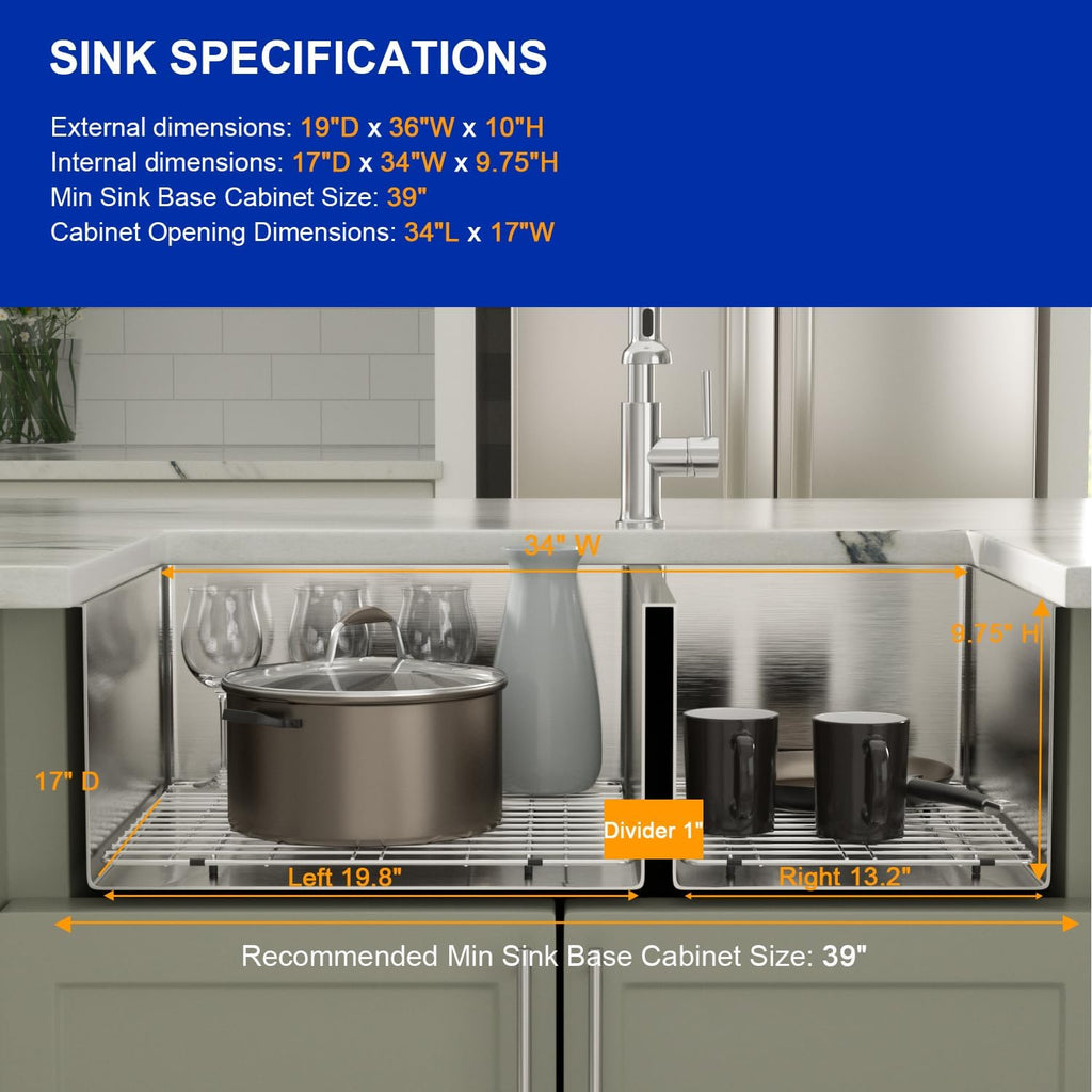Dcolora 36''x19''x10'' Undermount Extra Large Double Bowl Kitchen Sink, 16 Gauge 304 Stainless Steel 60/40 Split Basin, Round Corner