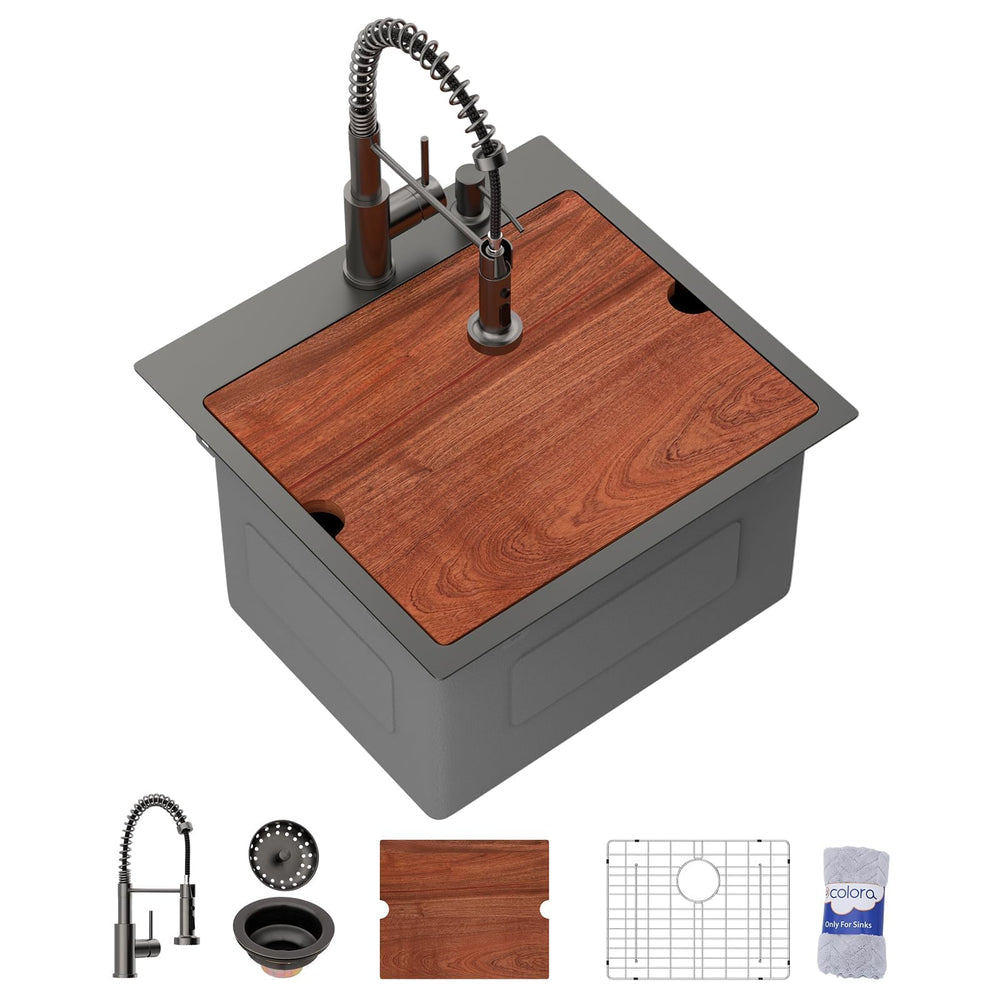20" × 19" × 12" Matte Black Drop-In Stainless Steel Laundry / Utility Sink with Faucet – DC-NSD26203034
