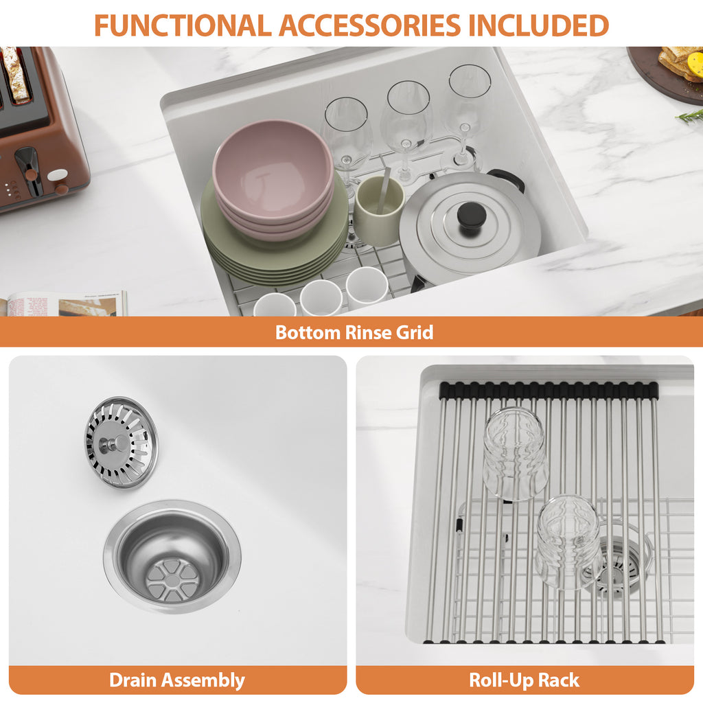 Dcolora 21 Inch Undermount White Wet Bar Sink  Quartz Composite Sink Single Bowl Workstation Kitchen Sink