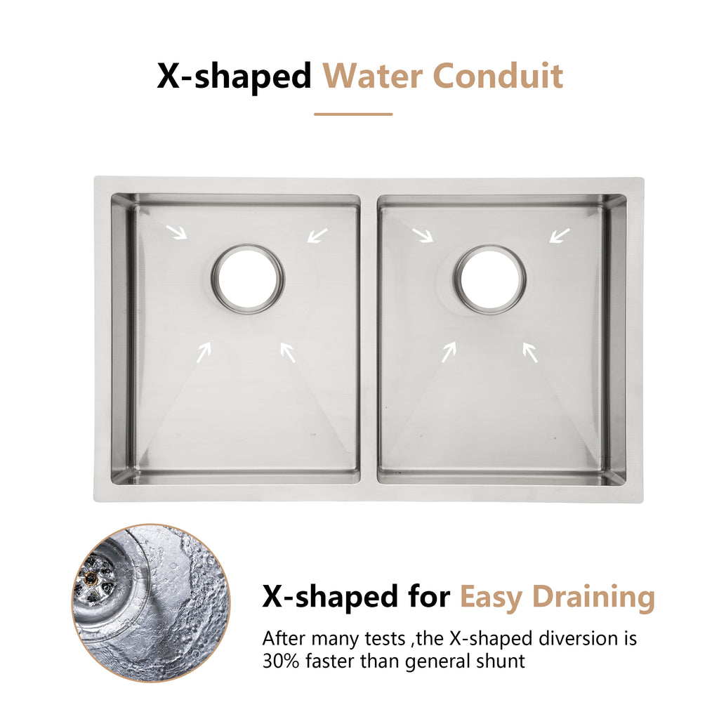 Dcolora 33''x19''x10'' Undermount Double Bowl Kitchen Sink, 16 Gauge 304 Stainless Steel 50/50 Split Large Basin, Round Corner