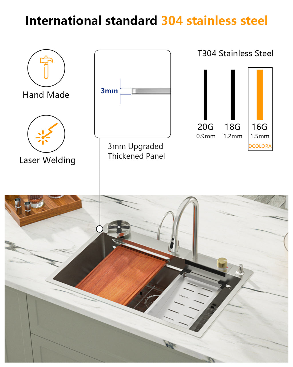 Dcolora 33''x22'' Brushed Nickel Waterfall Kitchen Sink, Smart Workstation Drop-In Single Bowl Multifunctional Top Mount Basin with Faucet Combo, 16 Gauge 304 Stainless Steel