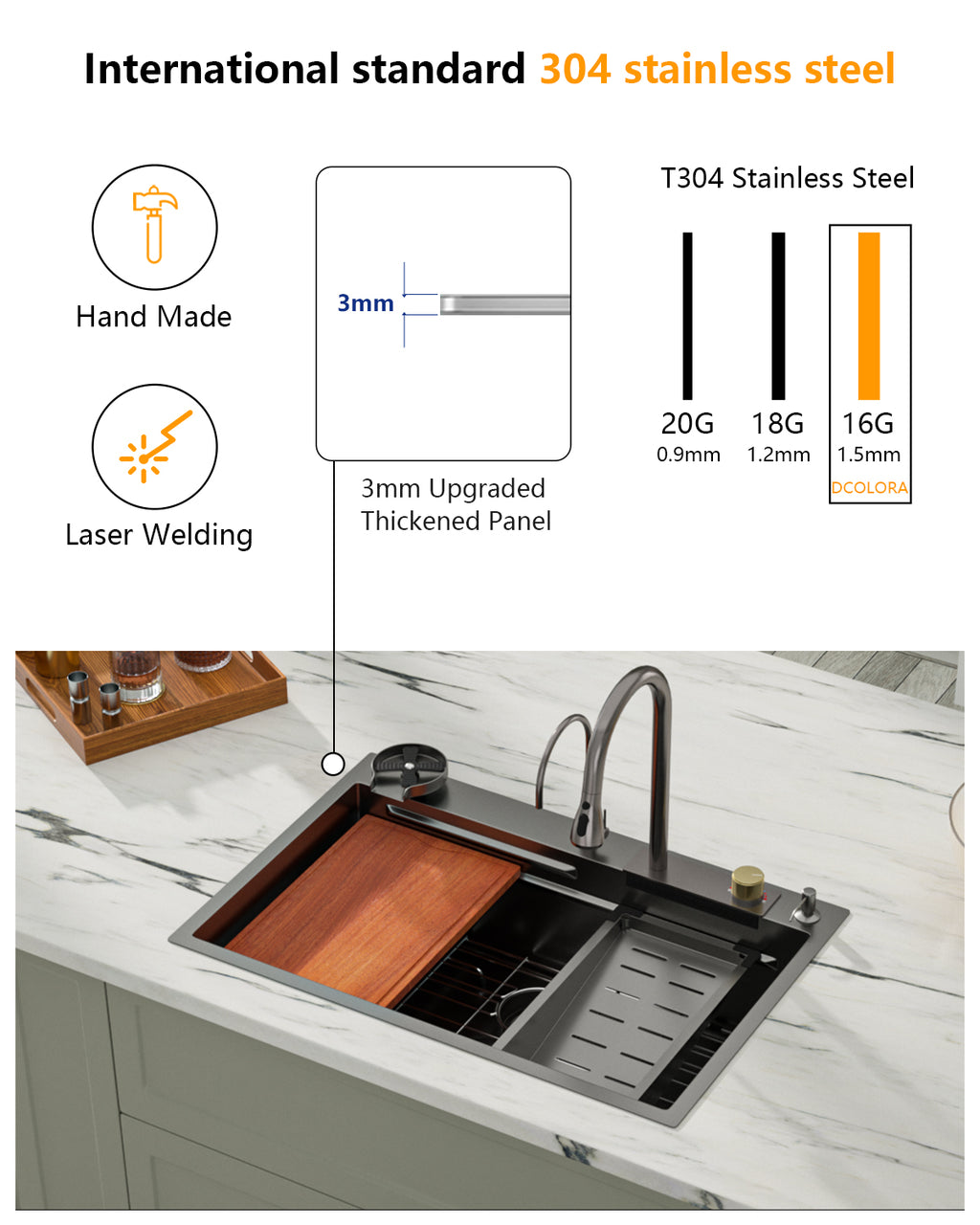 Dcolora 33''x22'' Gunmetal Black Waterfall Kitchen Sink, Smart Workstation Drop-In Single Bowl Multifunctional Top Mount Basin with Faucet Combo, 16 Gauge 304 Stainless Steel