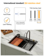 Dcolora 33''x22'' Gunmetal Black Waterfall Kitchen Sink, Smart Workstation Drop-In Single Bowl Multifunctional Top Mount Basin with Faucet Combo, 16 Gauge 304 Stainless Steel