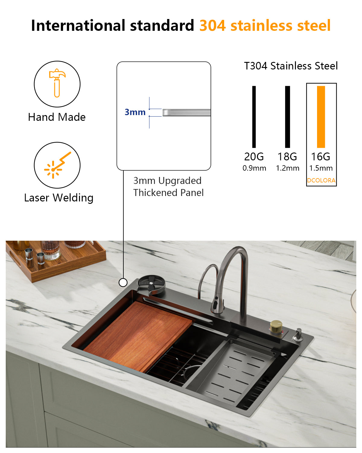 Dcolora 33''x22'' Gunmetal Black Waterfall Kitchen Sink, Smart Workstation Drop-In Single Bowl Multifunctional Top Mount Basin with Faucet Combo, 16 Gauge 304 Stainless Steel