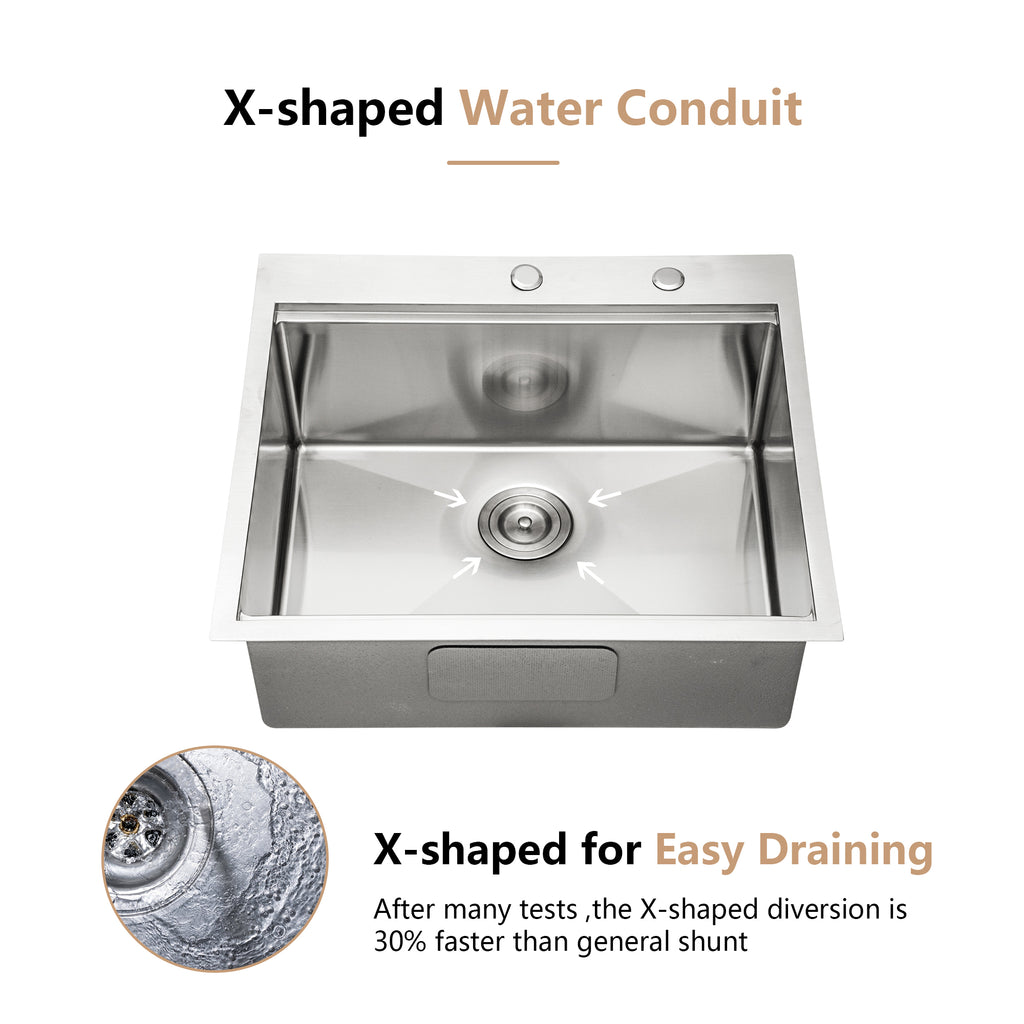 Dcolora 25''x22''x10'' Drop-In Kitchen Sink, 16 Gauge 304 Stainless Steel Single Bowl Topmount Workstation Basin, Round Corner