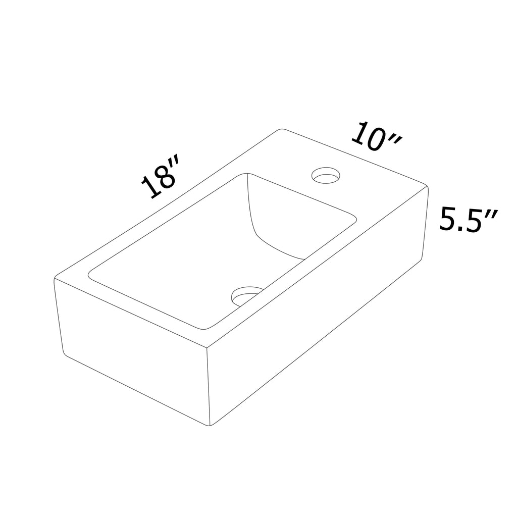 Dcolora 18''x10'' White Ceramic Wall Mounted Floating Vessel Sink, Rectangular Small Bathroom Basin, Right Hand