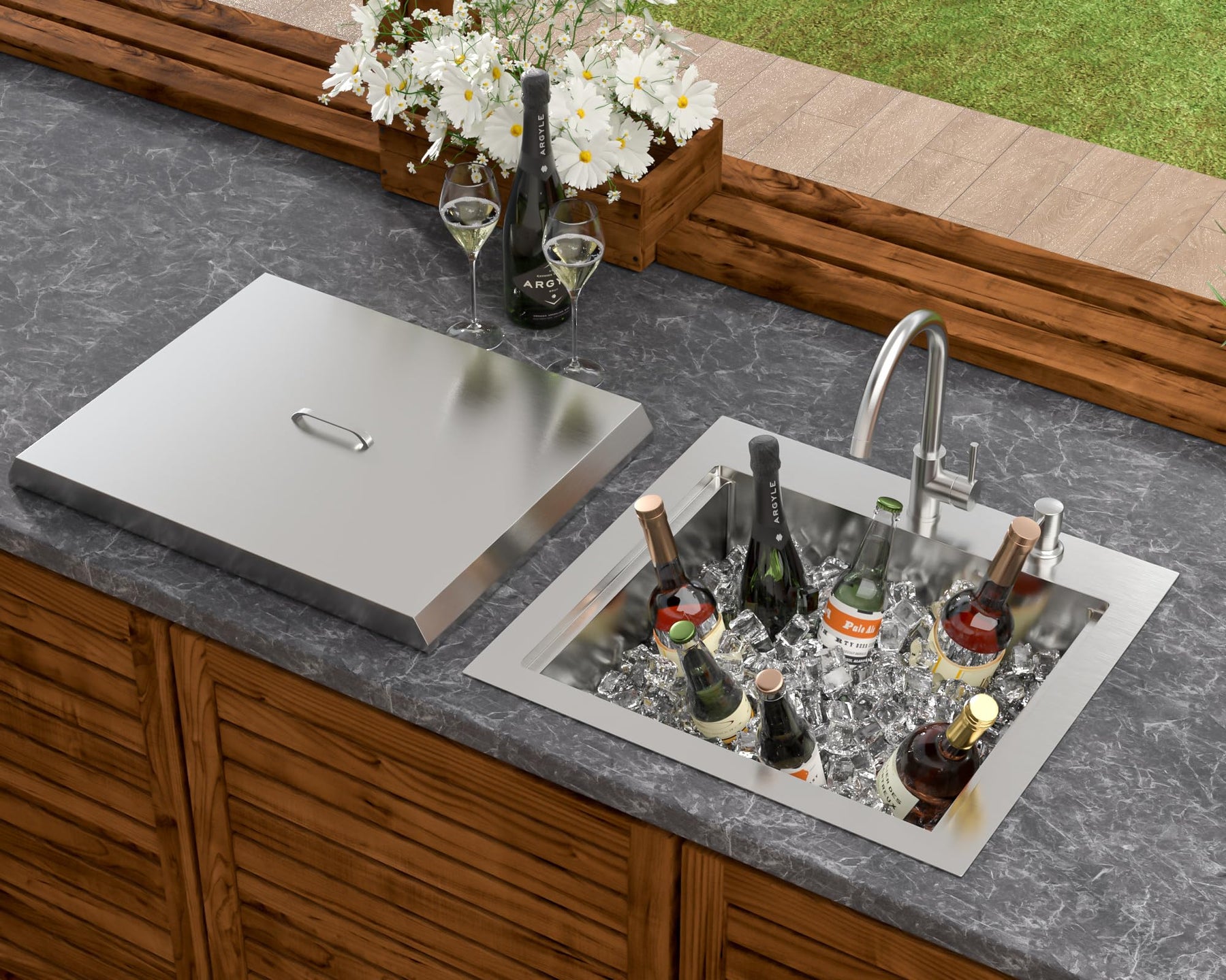 Dcolora DC-SFDOE00127 21-inch drop-in outdoor kitchen sink in brushed stainless steel