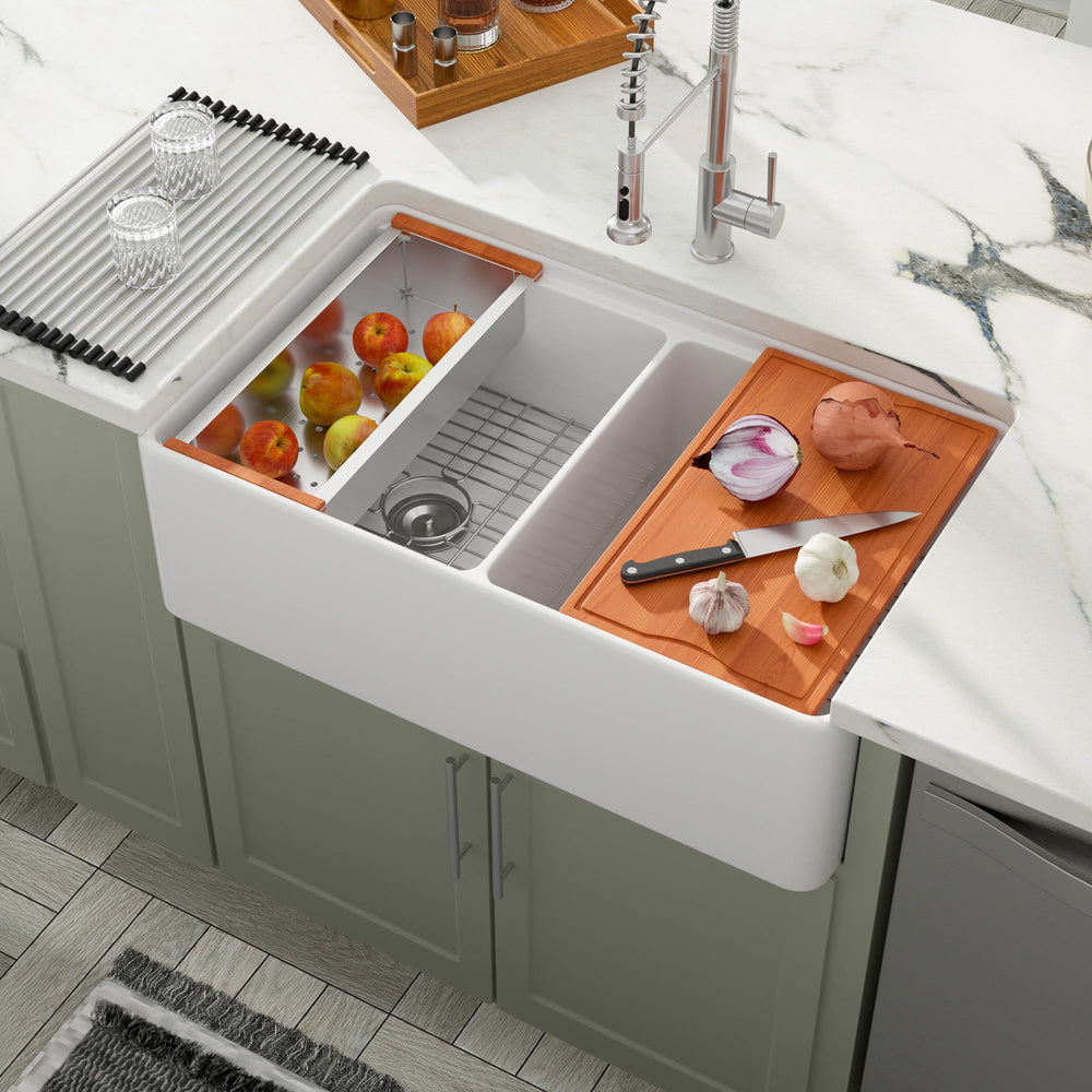 33" × 20" White Apron-Front Workstation Fireclay Kitchen Sink – DC-A7767