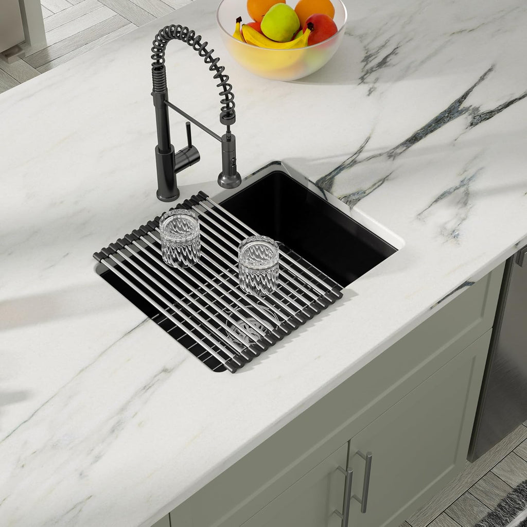Dcolora 22''x17'' Black Quartz Composite Bar Sink, Undermount Single Bowl Small Kitchen Prep Basin for RV, Round Corner