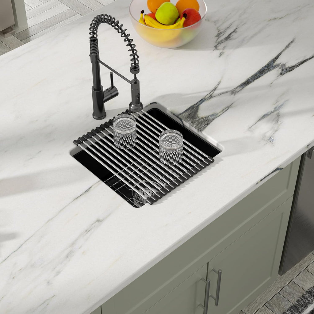 Dcolora 18''x16'' Black Quartz Composite Wet Bar Sink, Undermount Single Bowl Small Prep Kitchen Basin for RV