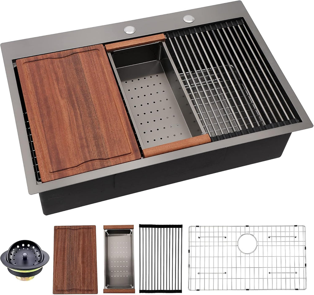 Dcolora 33'' Gunmetal Black Drop-In Kitchen Sink, 16 Gauge 304 Stainless Steel Single Bowl Topmount Workstation Extra Large Basin