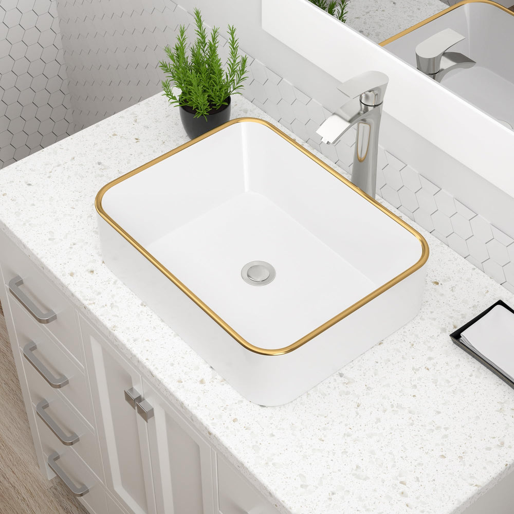 19.09" × 14.96" White with Gold Rim Ceramic Vessel Bathroom Sink – DC-V8890