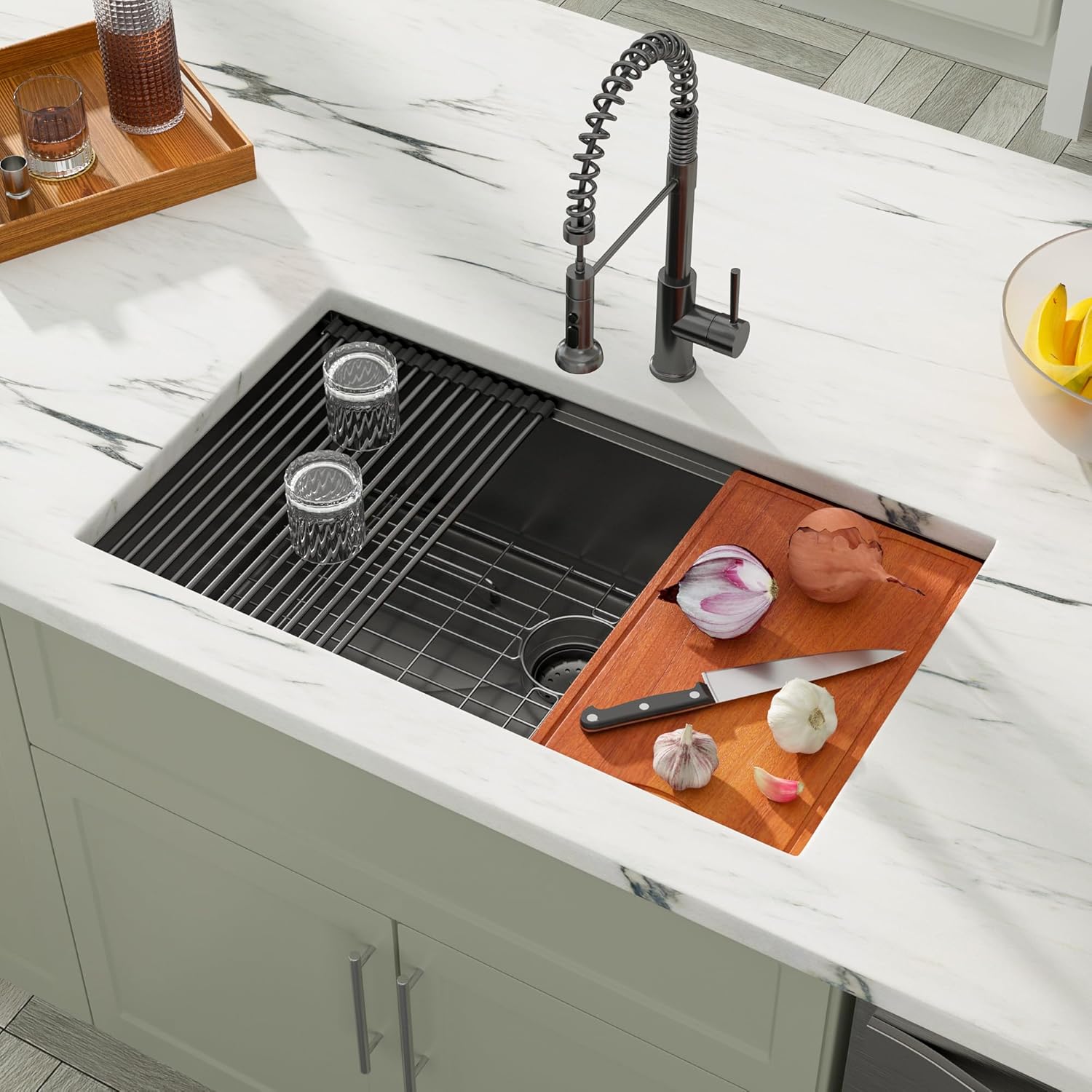 Dcolora 30 Inch Undermount Sink Black Stainless Steel Kitchen Sink Undermount Workstation Gunmetal Black Stainless Steel 16 Gauge Single Bowl Kitchen Sink Basin (30"x19"x10"), DC-U7708