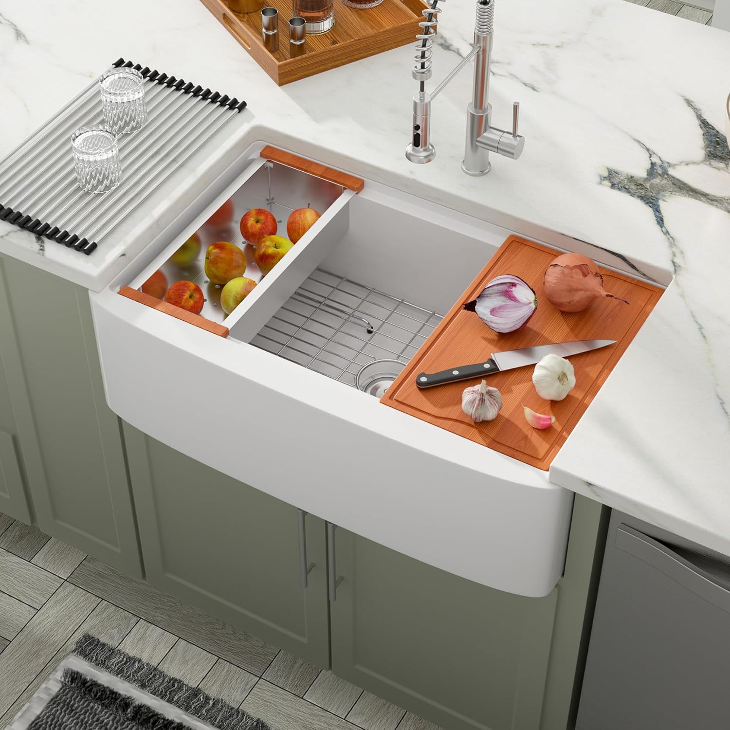 Dcolora 33 Inch White Farmhouse Sink Workstation Ceramic Farm Kitchen Sinks with Slide Ledge Curved Apron Front White Fireclay Porcelain Single Bowl, 33"x21"x10" DC-A7766